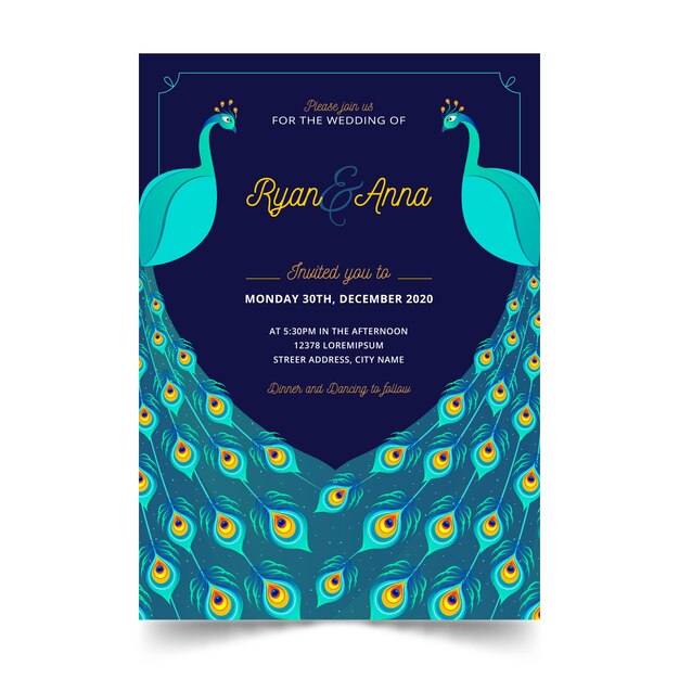 Plantilla de invitación de boda elegantes pavos reales