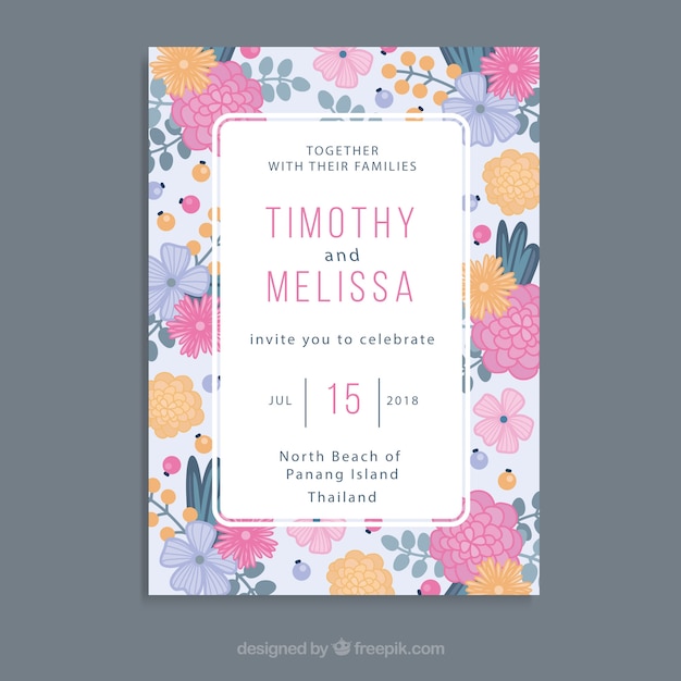 Vector gratuito plantilla de invitación de boda con elementos florales coloridos