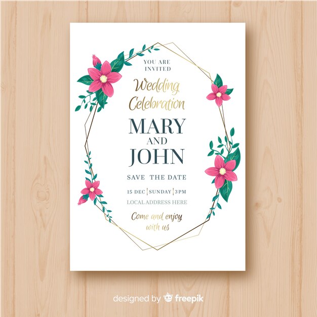 Plantilla de invitación de boda con elementos florales