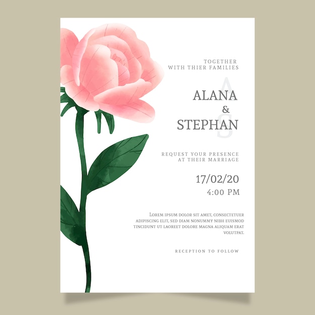 Plantilla de invitación de boda con una flor grande