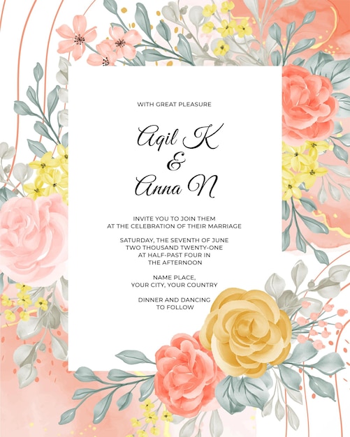 Plantilla de invitación de boda con flor y licencia.