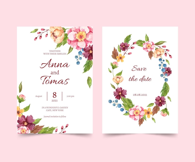 Plantilla de invitación de boda floral acuarela pintada a mano