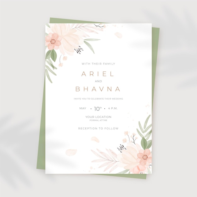 Plantilla de invitación de boda floral acuarela pintada a mano