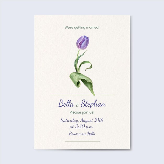Plantilla de invitación de boda floral acuarela pintada a mano