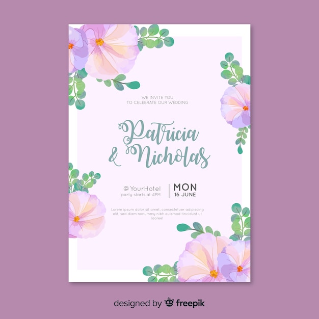 Vector gratuito plantilla de invitación de boda floral acuarela