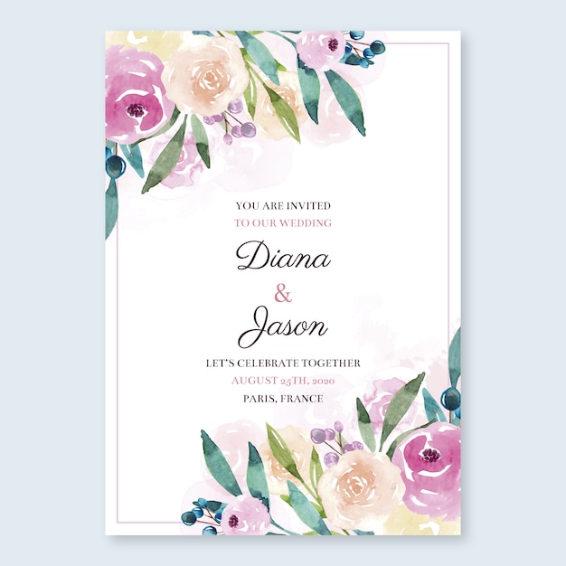 Vector gratuito plantilla de invitación de boda floral acuarela