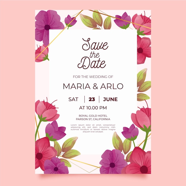 Vector gratuito plantilla de invitación de boda floral en acuarela