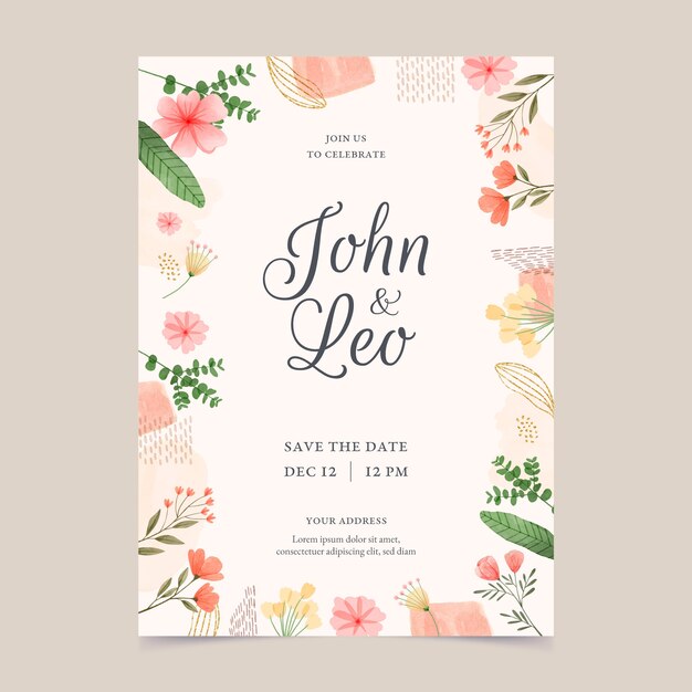 Plantilla de invitación de boda floral en acuarela