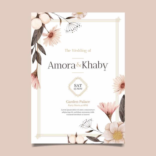 Plantilla de invitación de boda floral en acuarela