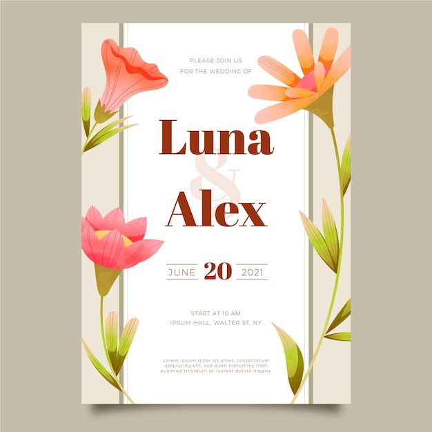 Plantilla de invitación de boda floral en acuarela