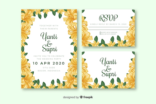 Vector gratuito plantilla de invitación de boda floral amarilla