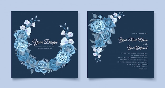 Plantilla de invitación de boda floral azul clásico