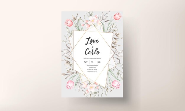 Plantilla de invitación de boda floral con decoración de hojas y flores de color marrón y melocotón
