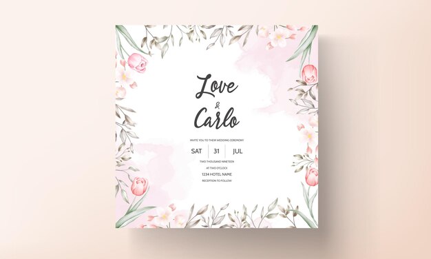 Plantilla de invitación de boda floral con decoración de hojas y flores de color marrón y melocotón