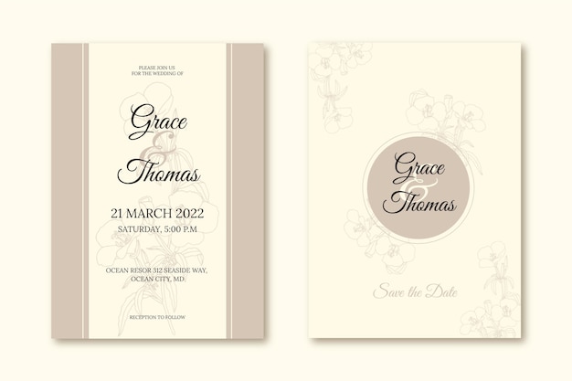 Plantilla de invitación de boda floral dibujada a mano de grabado