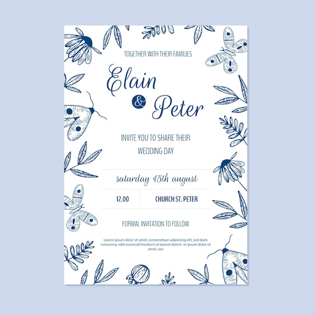 Plantilla de invitación de boda floral dibujada a mano de grabado