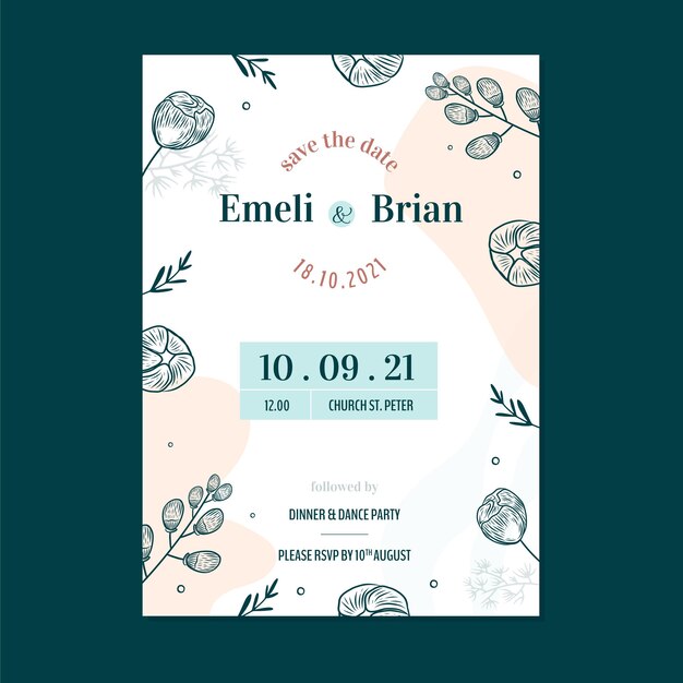 Plantilla de invitación de boda floral dibujada a mano de grabado
