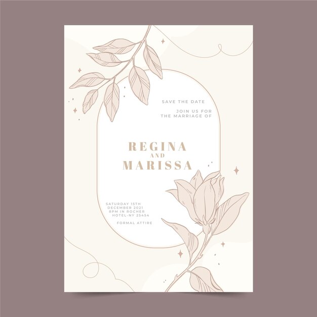 Plantilla de invitación de boda floral dibujada a mano de grabado