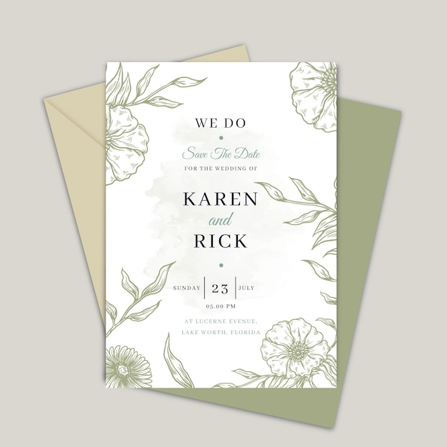 Vector gratuito plantilla de invitación de boda floral dibujada a mano de grabado