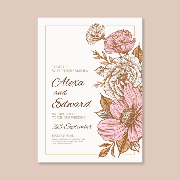 Plantilla de invitación de boda floral dibujada a mano de grabado