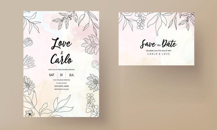 Plantilla de invitación de boda floral dibujada a mano mínima elegante