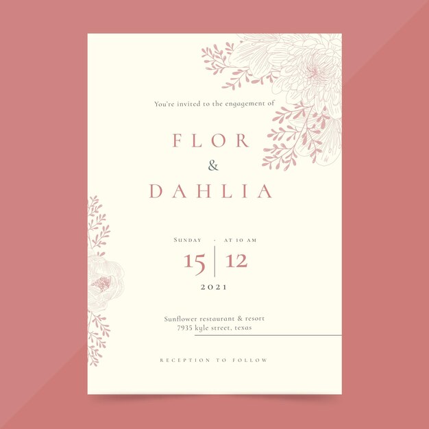Plantilla de invitación de boda floral dibujada a mano