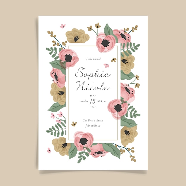 Plantilla de invitación de boda floral dibujada a mano