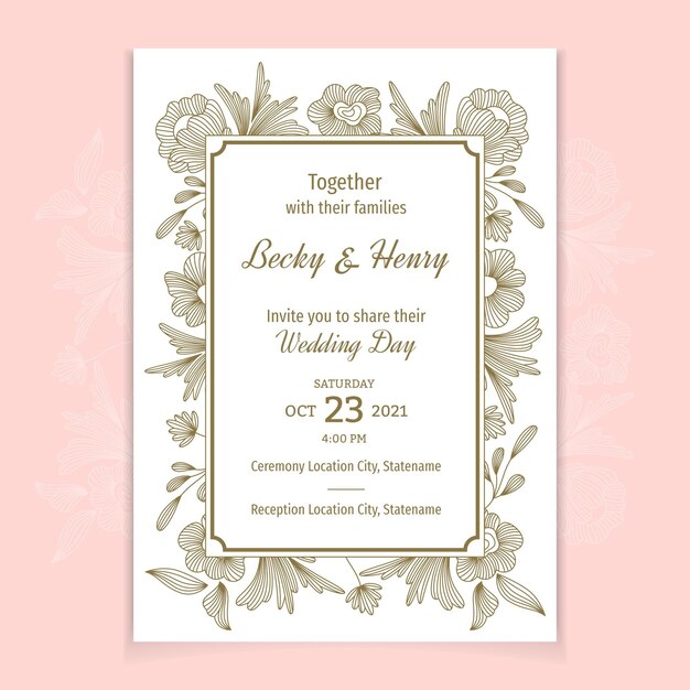 Plantilla de invitación de boda floral dibujada a mano