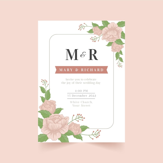 Vector gratuito plantilla de invitación de boda floral dibujada a mano