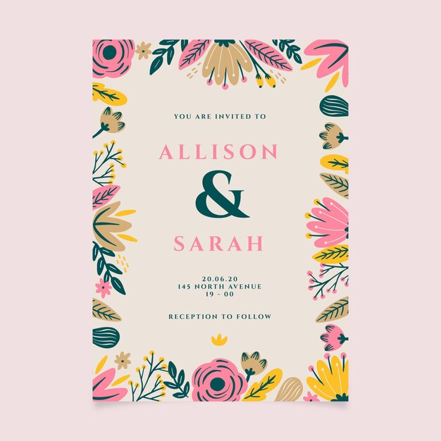 Plantilla de invitación de boda floral dibujada a mano