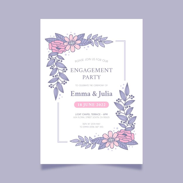 Plantilla de invitación de boda floral dibujada a mano