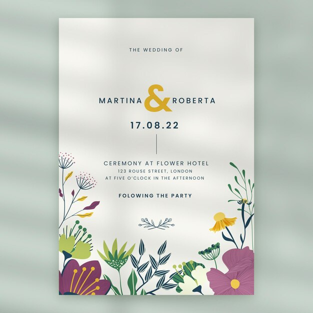 Plantilla de invitación de boda floral dibujada a mano
