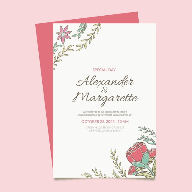 Plantilla de invitación de boda floral dibujada a mano