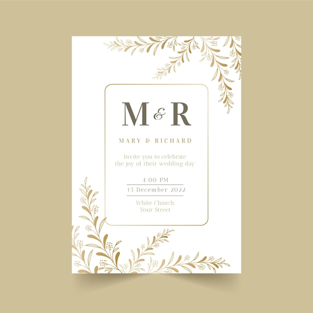 Plantilla de invitación de boda floral dorada degradada