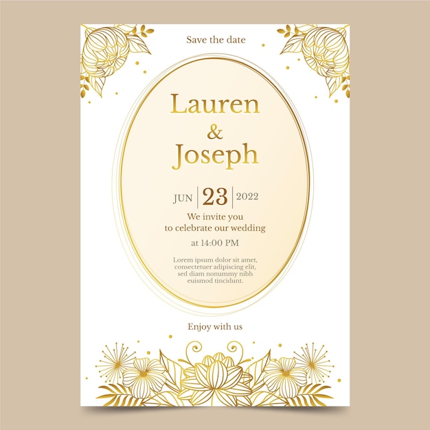 Plantilla de invitación de boda floral dorada degradada