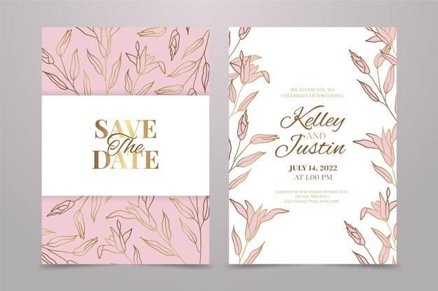 Plantilla de invitación de boda floral dorada degradada