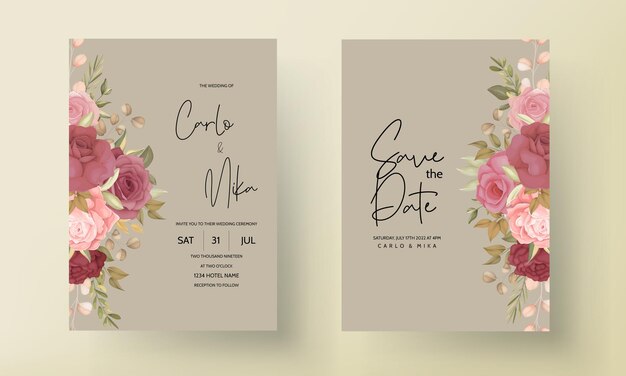 Plantilla de invitación de boda floral con elegante decoración de flores y hojas