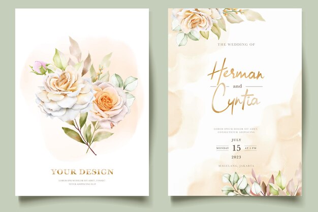 Plantilla de invitación de boda floral con elegantes hojas marrones