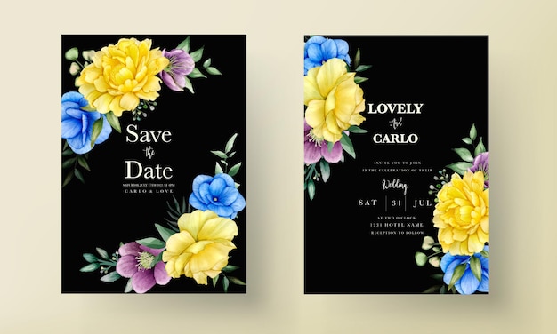 Plantilla de invitación de boda floral con hermosas flores y decoración de hojas
