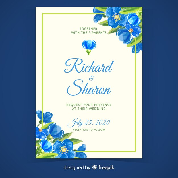 Plantilla de invitación de boda floral pintada a mano azul