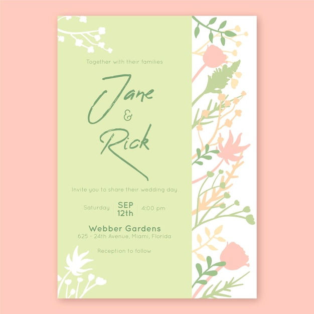 Plantilla de invitación de boda floral plana orgánica