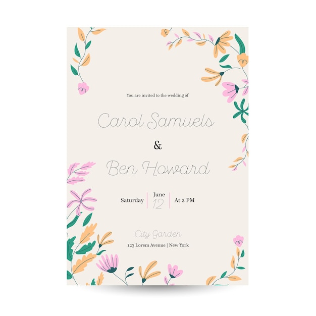 Plantilla de invitación de boda floral plana orgánica