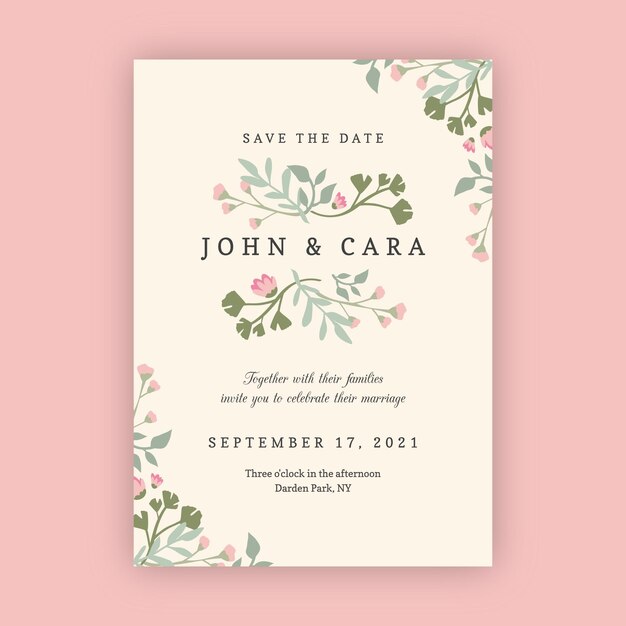 Plantilla de invitación de boda floral plana orgánica