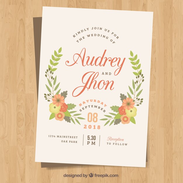 Plantilla de invitación de boda con flores de color en diseño plano