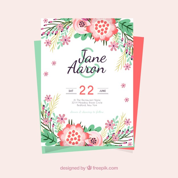 Plantilla de invitación de boda con flores de colores