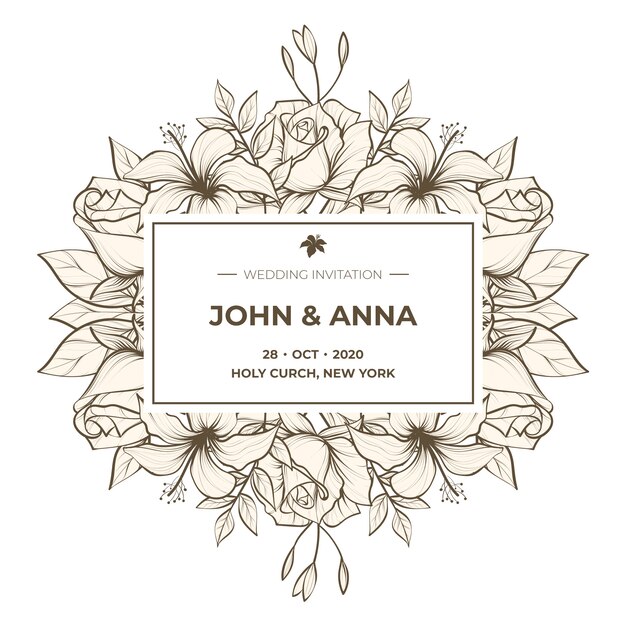 Plantilla de invitación de boda de flores dibujadas a mano realista