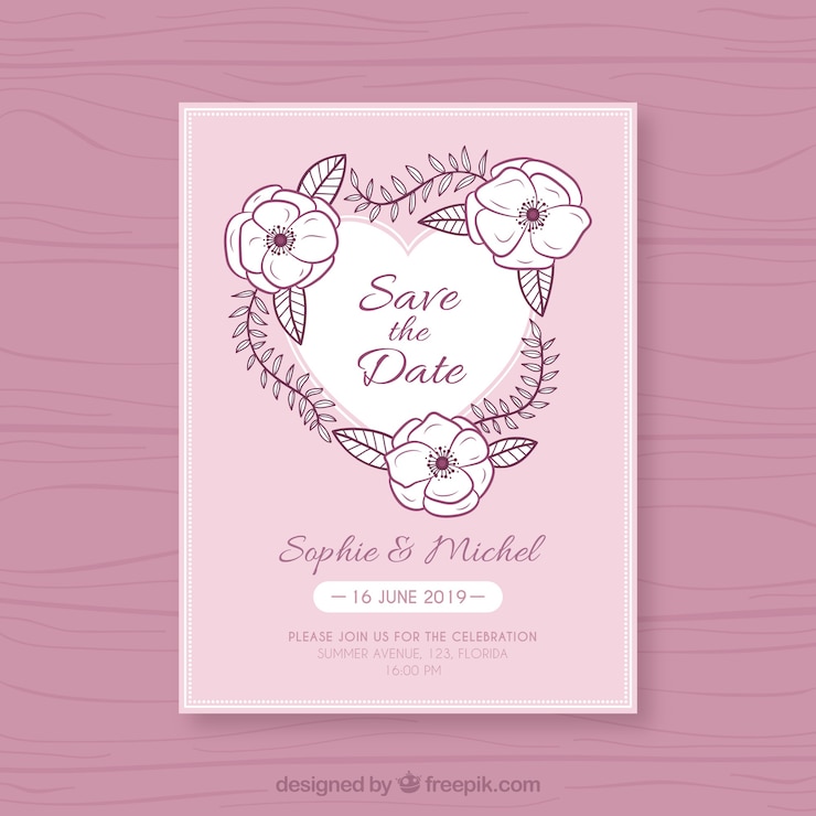 Vector gratuito plantilla de invitación de boda con flores dibujadas a mano