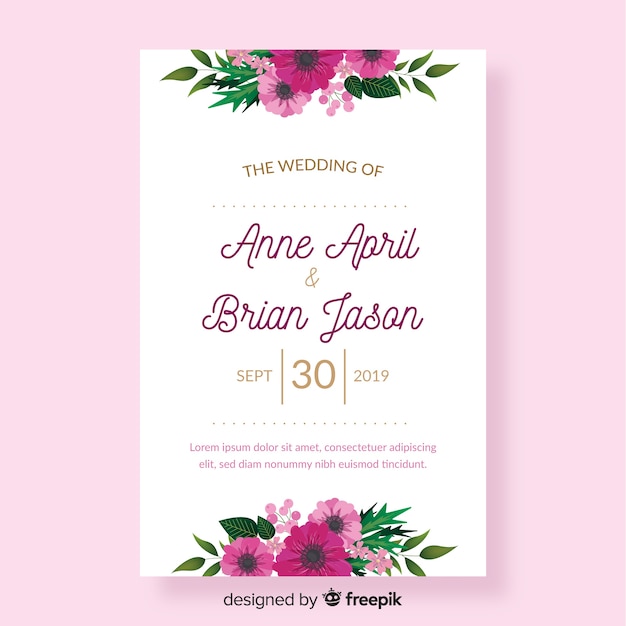 Plantilla de invitación de boda con flores en diseño plano