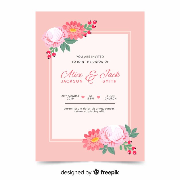 Plantilla de invitación de boda con flores en diseño plano