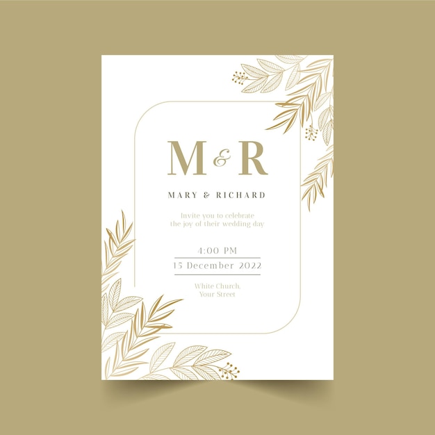 plantilla de invitación de boda con flores doradas en gradiente
